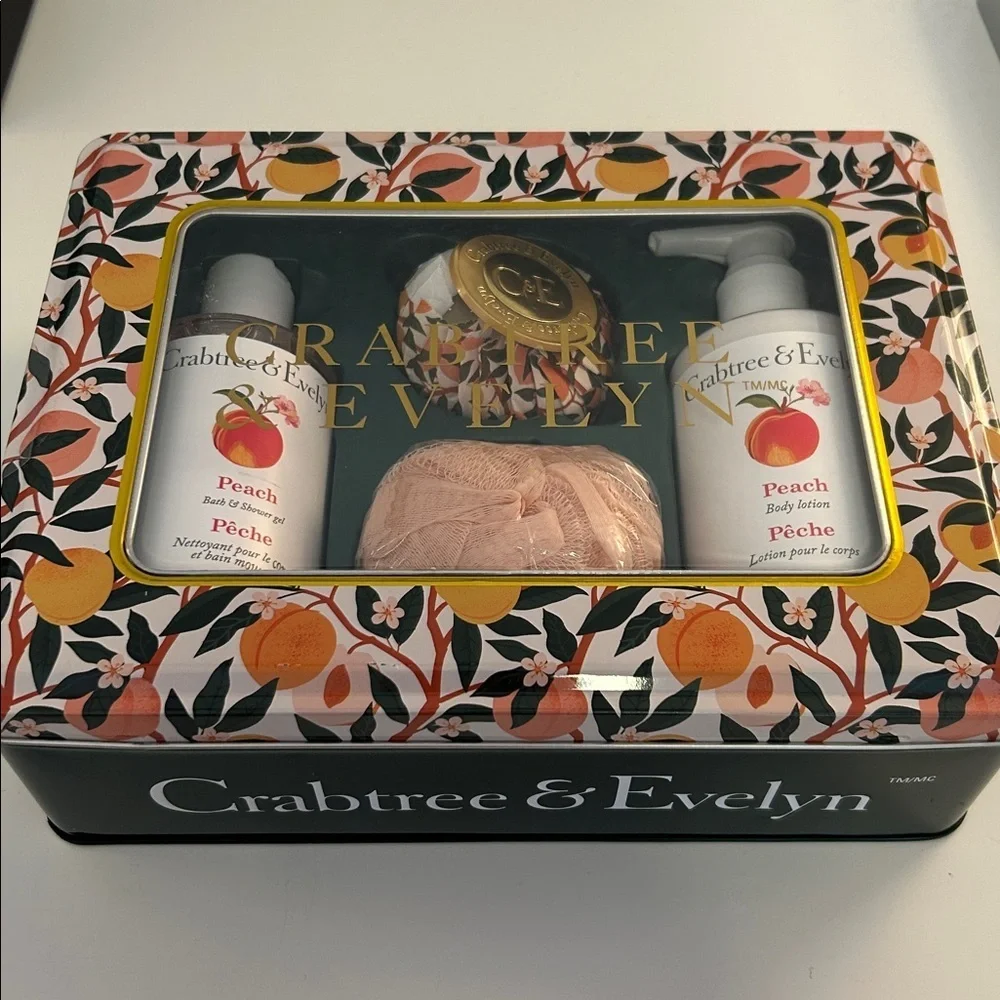 Crabtree & Evelyn Peach Body Wash‎ Lotion Soap Sponge Shower Loofah 4 pc. Set